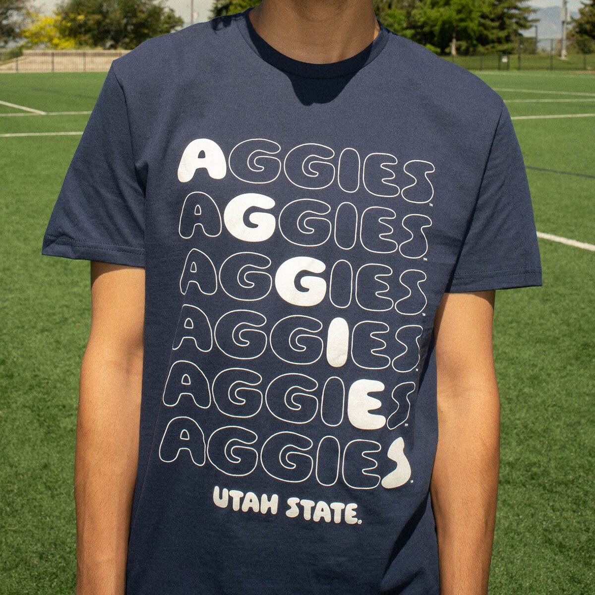 Aggies gameday t-shirt close up image of shirt worn on field